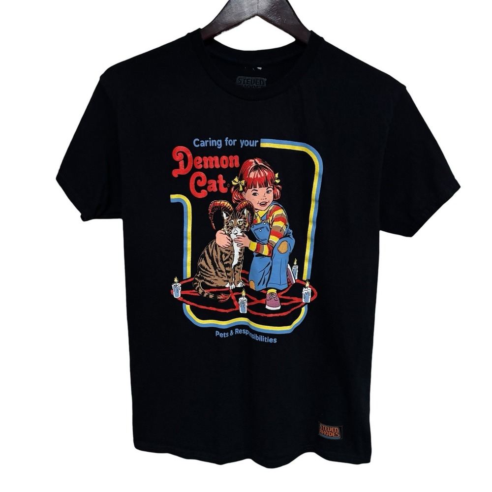 Steven Rhodes‎ Men's Caring For Your Demon Cat T Shirt Black Size M 18 x 27